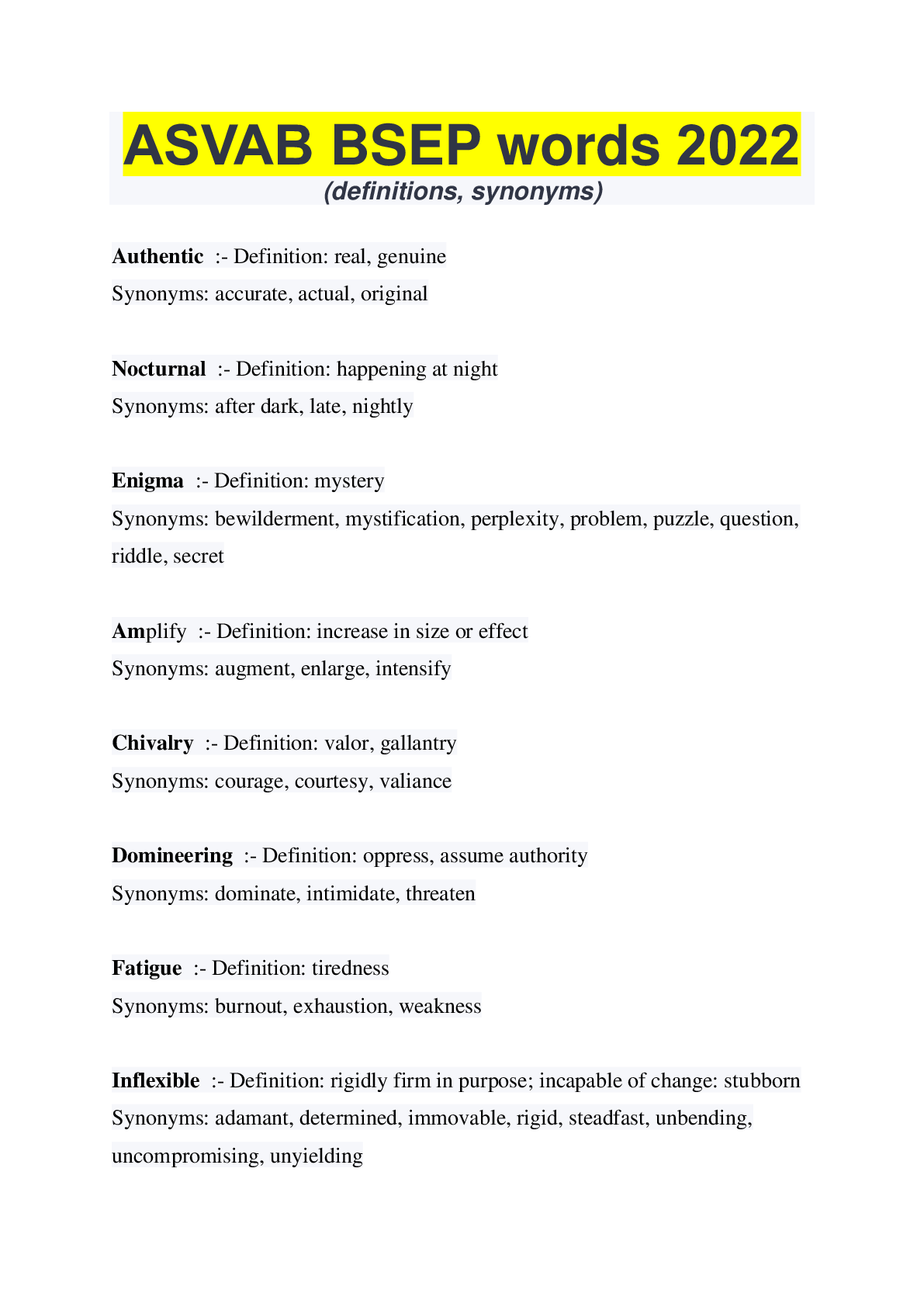 ASVAB BSEP words 2022